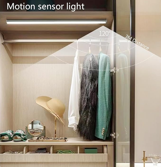 Under Cabinet Lighting 20 Inch, Rechargeable Motion Sensor Light with Stepless Dimming, Daylight White 6000K LED, USB-C Magnetic Closet Light for Kitchen, Stairs, Wardrobe (2 Packs)