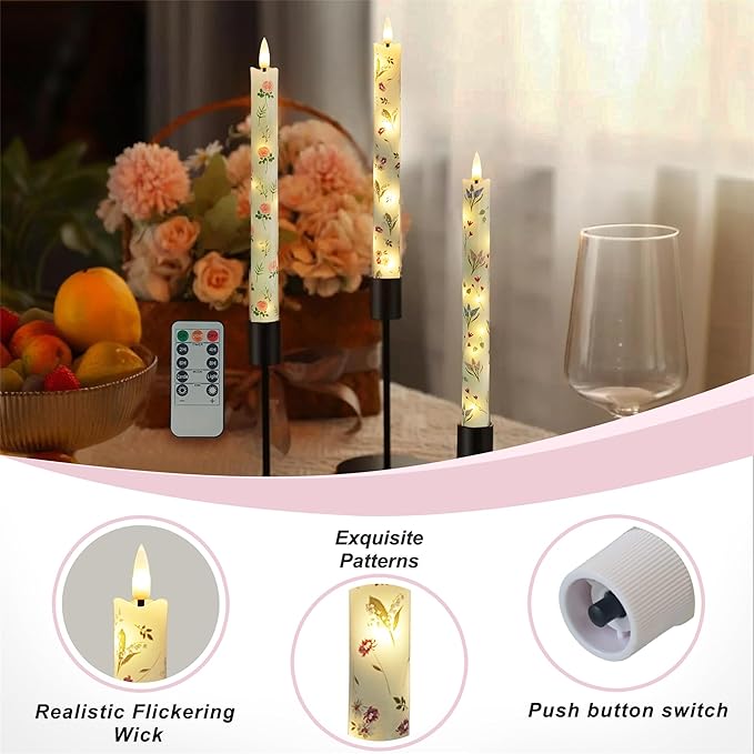 Floral Candles Remote Candlesticks-10inches Timer Flickering Battery Operated Candle Chinoiserie LED Taper Candles Lights for Home Wedding Tea Party Windows Decor,3PCS-RFL