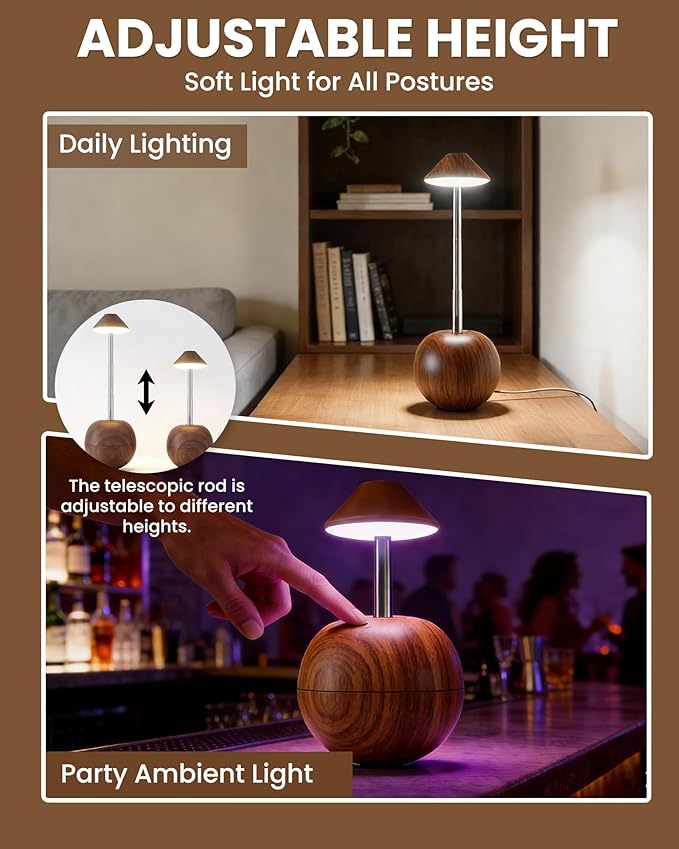 yadoker Tumbler Table Lamp with Remote, Cordless Touch Bedside Lamp, Rechargeable USB Small Lamp for Nightstand, Multiple Colors Dimmable Mushroom Shape Night Light for Nursery, Bedroom (Walnut)