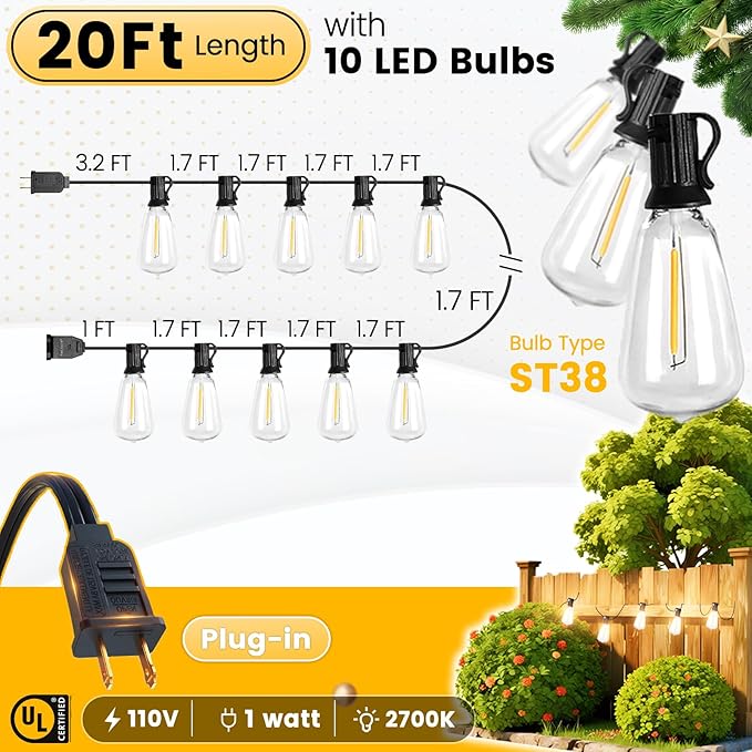Outdoor String Lights 20FT - LED Waterproof Patio Lights Shatterproof ST38 Edison Bulbs, Connectable Hanging Vintage Lights for Outside Indoor Garden Backyard Deck Porch Party Decor