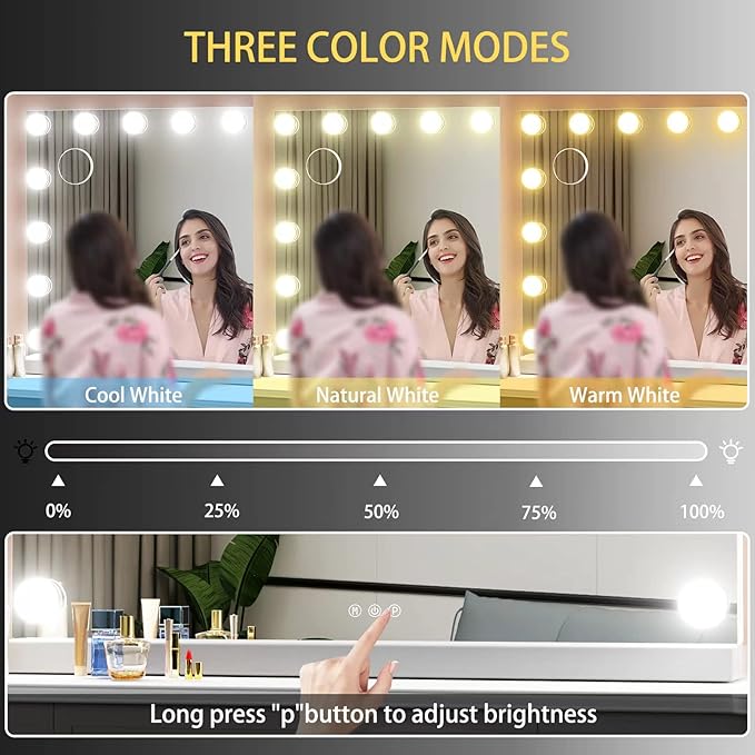 Vanity Mirror with Lights USB+Type-C Charging, 32WX24L Tabletop Hollyhood Makeup Mirror, Hollywood Lighted Mirror with 18 Dimmable LED Bulbs,3 Colors Modes,Touch Control, Gold