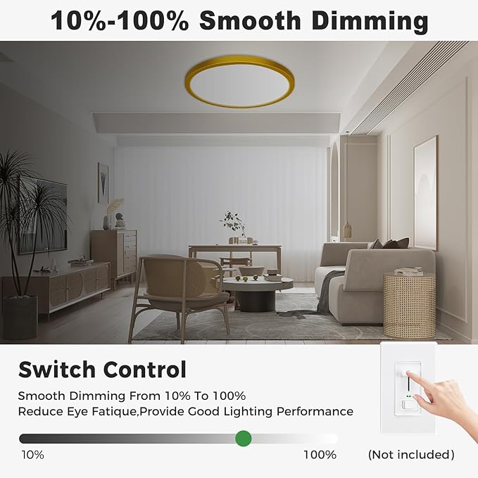 zemty 1Pack LED Flush Mount Ceiling Light, 12Inch 24W Dimmable Ceiling Lights Fixture, 5 Color Temperatures (3000K-6500K) Gold Round Ceiling Lamp for Bedroom, Kitchen, Hallway,Bathroom