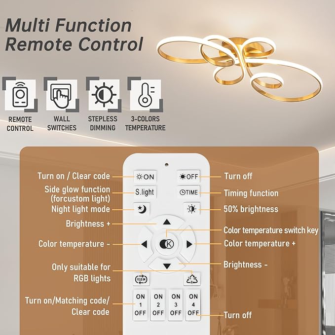 56W Modern LED Ceiling Light, Flower Flush Mount Light Fixture with Remote Control Gold Dimmable Ceiling Lamp for Living Room, Bedroom, Dining Room, Hallway, Kitchen