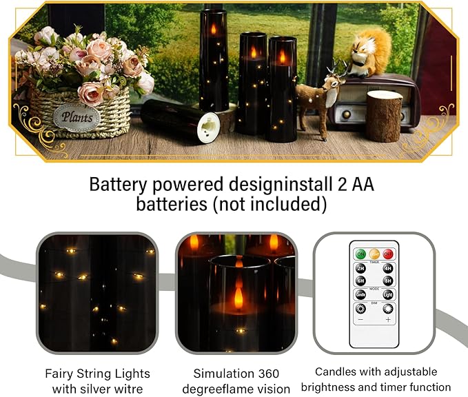 Flameless Candles with Embedded Star String, Battery Operated LED Pillar Candles with Timer and Remote Control,Home Decorating for Ambiance， Set of 7(Black)