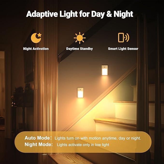 V4light Rechargeable Motion Sensor Night Lights, 8-Pack - Painted Gold Aluminum Alloy, Ultra-Compact Magnetic Mount, 3000K Warm White Glow, Ideal for Hallways, Bedrooms, Stairs & Nightly Use
