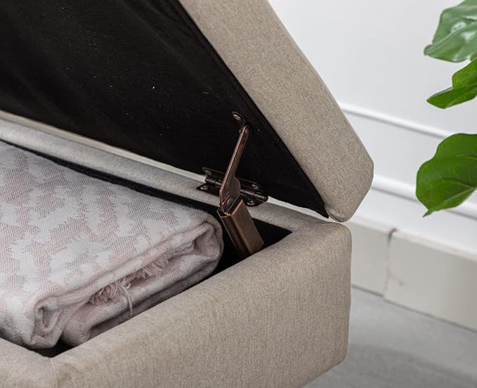 Modern Entryway Storage Bench, Upholstered Shoe Ottoman Bench, Flip-Top End of Bed Bench with Wood Shelf/Coffee Table for Living Room/Bedroom/Hallway/Under Window,46.5 Inches,Beige Linen
