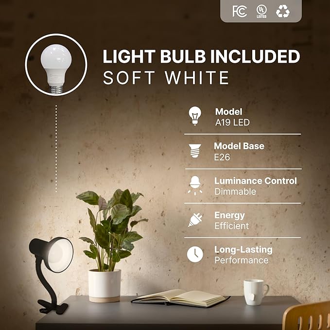Xtricity LED Desk Light, 360° Adjustable Gooseneck, Home and Office Lamp with 7W A19 Bulb, 120V, On/Off Switch, 14” Height - Reading Lamps for Bedside Table, College Dorm (Black Finish)