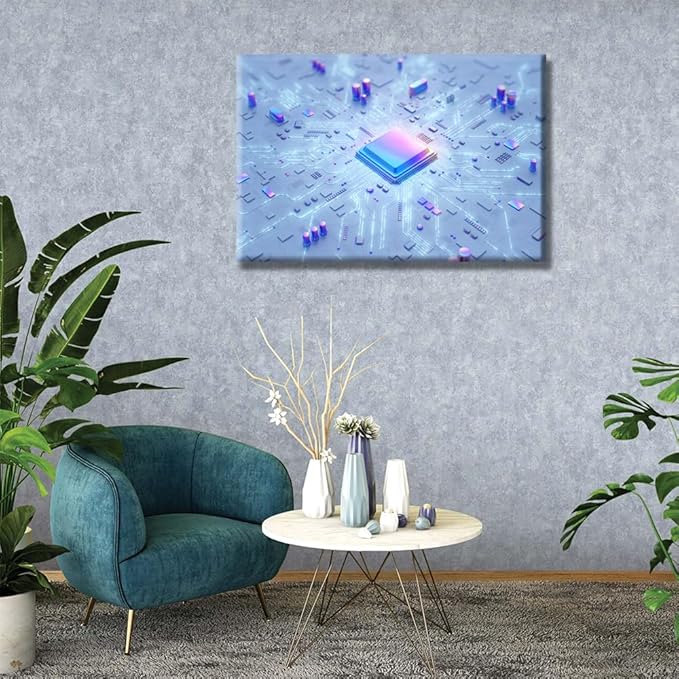 Circuit Board Wall Art for Living Room Electronic Board Canvas Wall Art Central Computer Processors CPU House Decor Computer Chip Office Wall Decor Framed CPU Concept for Home Bedroom 16X24 INCH