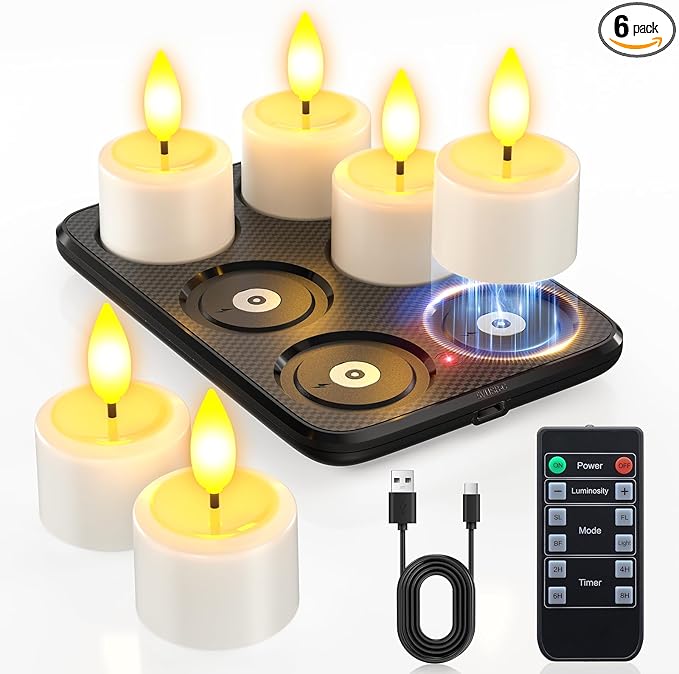 Yme Rechargeable Flameless Tea Lights Candles with Remote & Magnetic Charging Base, 6pcs Waterproof Battery Operated LED Flickering Votive Candles with Timer for Home Lantern Pool Wedding Party Decor