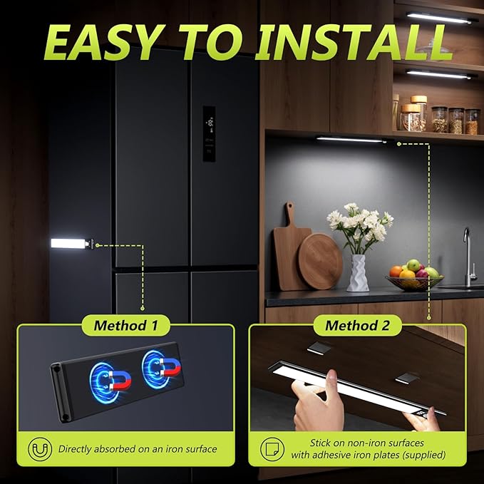 Under Cabinet Lights with Digital Display,52 LED Rechargeable Motion Sensor Light Indoor,3 Color Temperatures, Magnetic Dimmable Closet Lights, Under Counter Light for Kitchen, Stairs,2-Pack