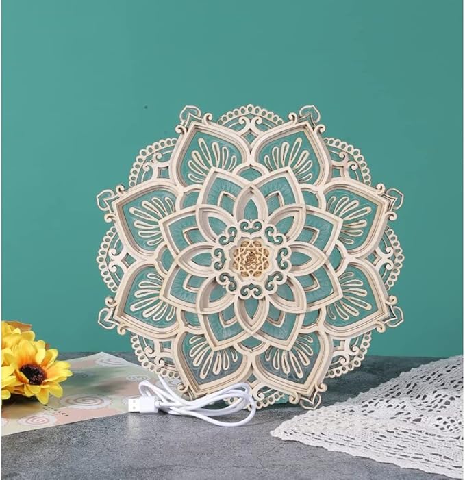 Night Light, 11.8inch Multilayered Cut Carved Mandala Panels Lamp, Wooden Mandala Hanging Light, Yoga Room Atmosphere Light, Wall Decor for Living Room Bedroom