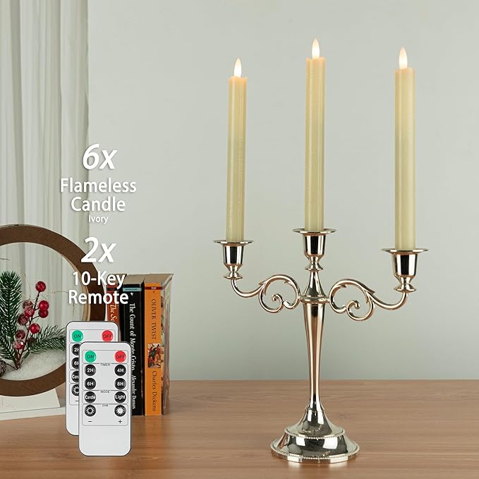 Flameless Taper Candles with Two Rmote, 9.6" Real Wax Battery Operated Candles with 3D Wick, 6 Pack Led Flickering Candlesticks, Electric Candle for Home, Wedding, Party, Decor, Ivory