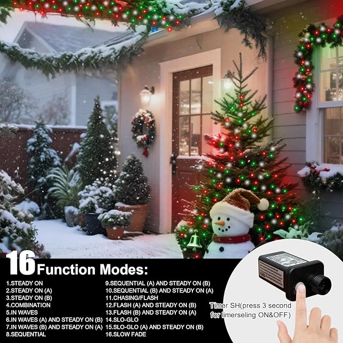 LAMPHOME 165ft Christmas Decorative Mini Lights, 500 LED Transparent Wire Fairy Starry String Light Plug in, 16Lighting Modes for Indoor Outdoor Xmas Tree Wedding Party Decoration (Red Green White)