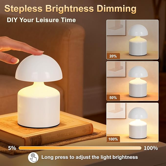 Modern Cordless Mushroom Small Table Lamp Touch LED Lamps, 3-Way Dimmable Bedside Nightstand Lamp Mini Rechargeable Night Light for Bedroom, Living Room (White)