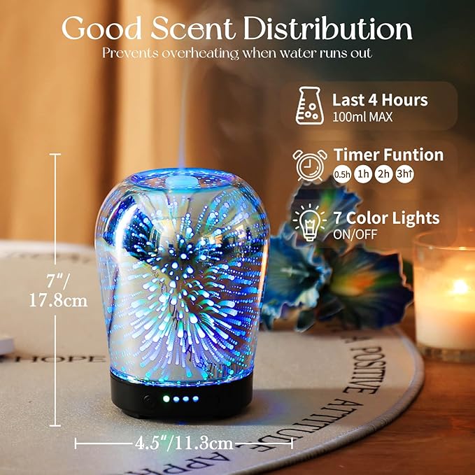 Porseme Essential Oil Diffuser, Aromatherapy Ultrasonic Cool Mist Humidifier, 3D Effect Glass, Auto Shut-Off, Timer Setting,100ml Aroma Decoration for Home, Office, Gym, Spa, Premium Gift