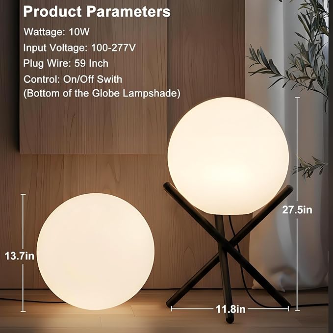 Lightdot Outdoor Floor Lamp, 12-Inch LED Ball Light with Milky White Waterproof Shade - 10W 3000K Corn Globe Floor Lamps with Stable Black Tripod Base, for Patio Garden Living Room, Bedroom, Plug&Play