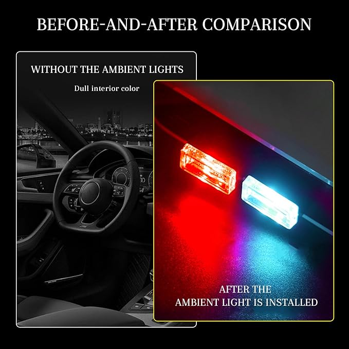4 PCS USB LED Car Interior Atmosphere Lamp, Portable Mini Auto LED Decor Night Light, Plug-in USB Interface Ambient Lighting Kit, Universal Car Interior Accessories (Red+Ice Blue)
