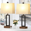 Table Lamp for Bedroom Set of 2 with 2 USB Ports and AC Power Outlet, 23.5" Modern Bedside Lamp, Wood Nightstand Lamp with Linen Shade for Living Room Hotel Desk(LED Bulb Included)