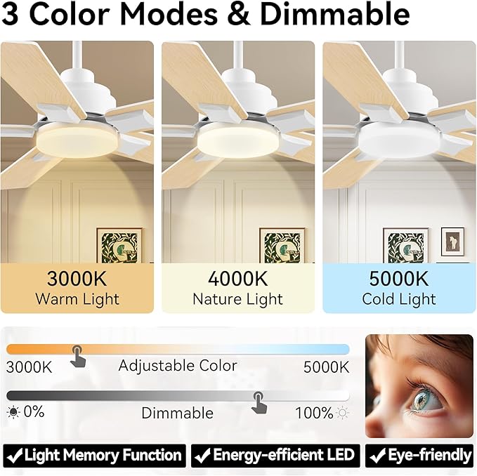 42 Inch Ceiling Fans with Lights,Smart Ceiling Fan with Light and Remote Control,Alexa,APP,White Indoor Outdoor Ceiling Fans for Bedroom,Living Room,Patio,5 Blades,Dimmable LED,6 Speed,Quiet DC Motor