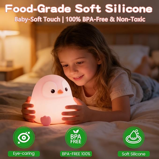 Penguin Night Light for Kids,Cute Pink Penguin Lamp,Soft Silicone Nursery Night Light,LED Squishy Novelty Animal Bedside Lamp,Rechargeable/Dimmable/Timer,Room Deco,Christmas Gifts for Mom Girls Baby