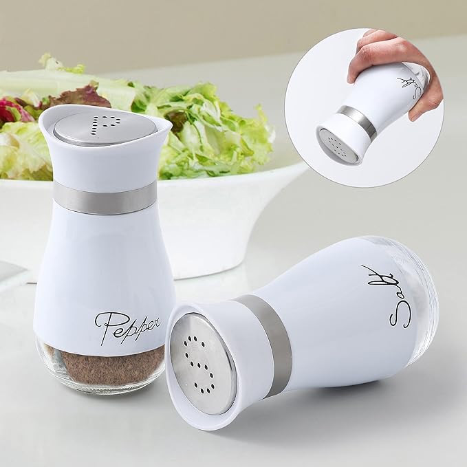 Lonffery Salt and Pepper Shakers Set - Salt Containers for Gifts, Kitchen Decor, Home, RV, Camp, BBQ, 4 oz Farmhouse Spice Dispenser with Glass Bottom, White, Set of 2