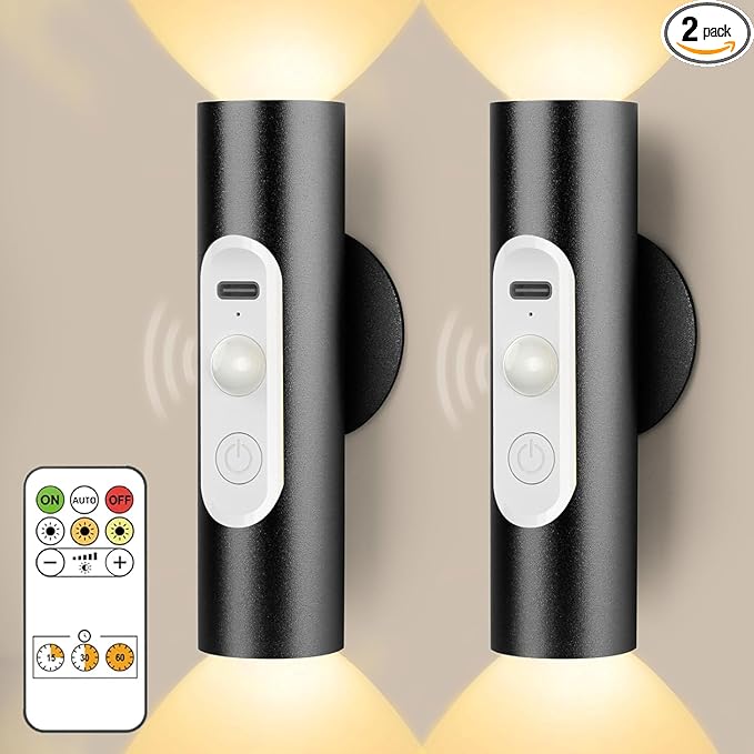 Battery Operated Wall Sconce Set of 2, Magnetic Stick on Wall Lights Rechargeable Motion Sensor Night Lights Indoor with Remote Control, Wireless Up and Down Wall Sconces, 3 Modes Dimmable, Aluminum