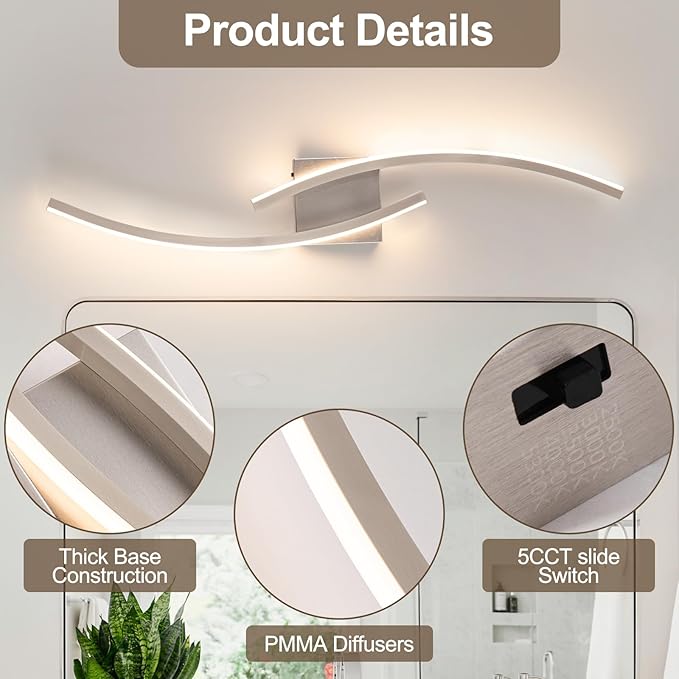 Hardwired 3000~6000K Modern Wall Sconce, 31.5IN Silver LED Wall Light Fixtures Brushed Nickel Wall Lights for Bedroom, Living Room, Hallway and Bedside Wall Lamp