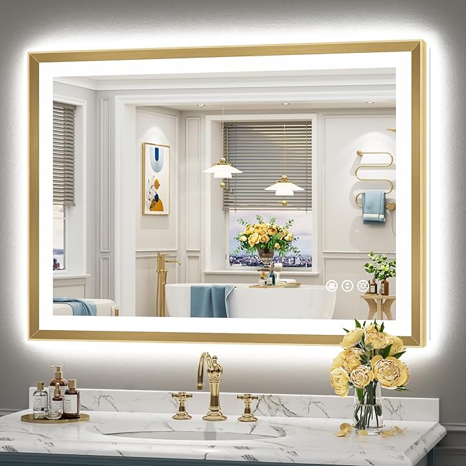 44x32 Gold Beveled LED Bathroom Mirror with Lights, Brushed Gold Framed Backlit and Front Lit Anti-Fog Lighted Vanity Mirrors for Bathroom Wall, Dimmable, 3 Colors, Memory, HD Tempered Glass