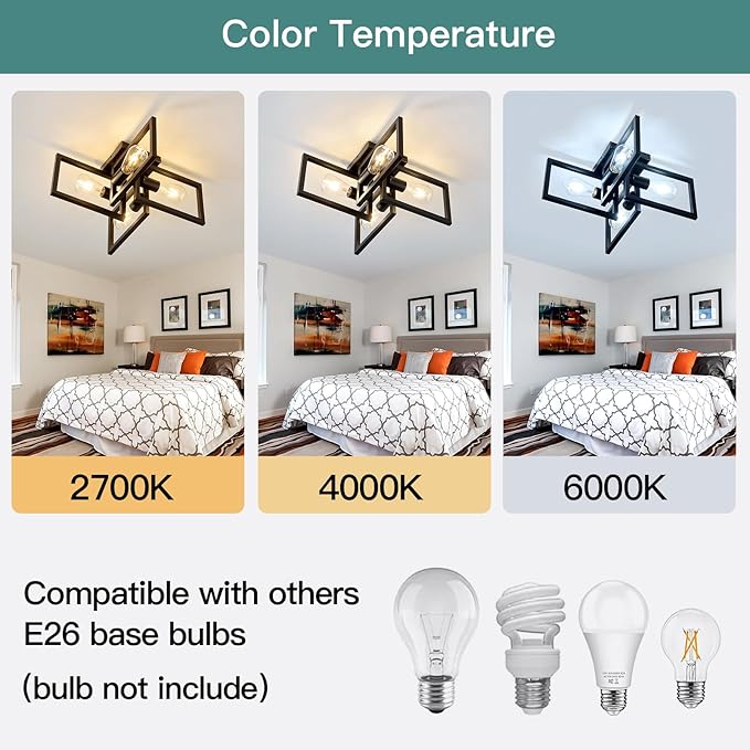 ZGLAOJT 4-Light Flush Mount Ceiling Light Black Industrial Kitchen Light Fixtures Modern Matte Sputnik Chandelier for Dining Room Bedroom Farmhouse Living Room.