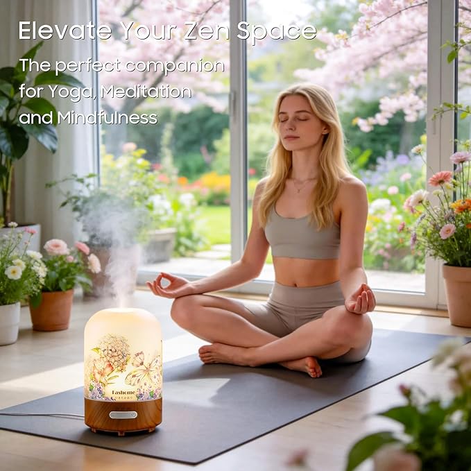 Essential Oil Diffuser Hand Blown Glass, 100ml Small Aromatherapy Diffuser, Auto Shut-Off Function, Ultrasonic Diffusers for Essential Oils, Cool Mist Humidifier with Warm White Lights