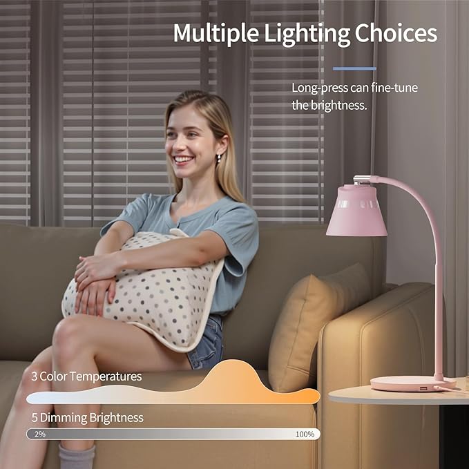 AXX TU08 Pink Cute Desk Lamp with USB Charging Port, 650 Lumens 3-Color Modes, 5-Touch Dimming, 30/60-Minute Timer, 18-Inch LED Small Table Light for Kids Teen Girls, College Dorm Room Essentials