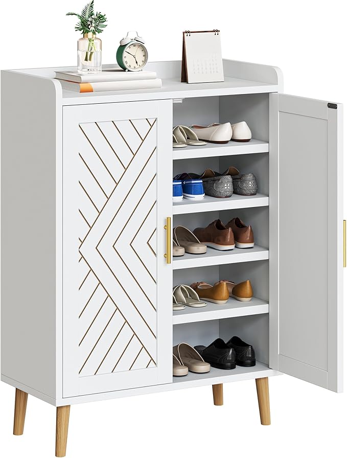 YITAHOME Shoe Cabinets with Doors Entryway, 5-Tier White Shoe Storage Cabinet Modern Freestanding Wood Shoe Organizer Cabinet for Living Room Hallway, White