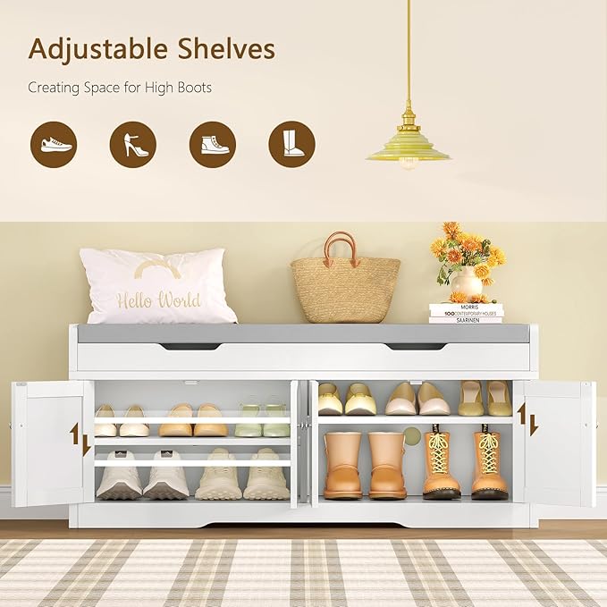 3-Tier Storage Bench, 47.2" Wide Shoe Bench with Lift Top Storage & 2 Adjustable Shelves, Entryway Bench with Padded Seat Cushion, Shoe Cabinet Bench for Entryway, Living Room, Bedroom (White)