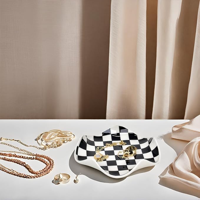 Aesthetic Ring Holder Dish, Cute Small Trinket Dish, Ceramic Jewelry Tray,Modern Checkered Cool Stuff for Girly Room Decor, Vanity Essentials for Teen Girls Women Dorm Room Bedroom Bathroom