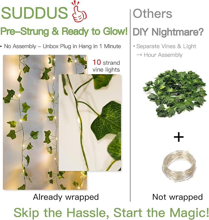 suddus Vines with Lights for Bedroom, 150 LED Fairy Lights with Vines, Ivy Curtain Lights for Bedroom, Dorm, Wedding, Party, Wall, Indoor, Outdoor Decor, 6.5ft x 4.9ft