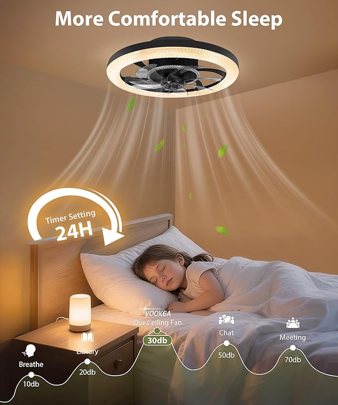 2 in 1 Wifi RGB-LED 20” Ceiling Fans with Lights and Remote, 3000-6500K Dimmable Flush Mount Smart Low Profile Ceiling Fan with Lights, Bluetooth Bladeless Fans with APP, for Bedroom, Black