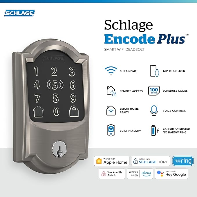 Schlage Encode Plus Smart Wi-Fi Lock for Front Door,Keyless Entry Deadbolt,Unlock with Apple Watch,Built-in WiFi and App Control,Easy Install,Alexa & Apple HomeKit Compatible,Satin Nickel,(Pack of 4)