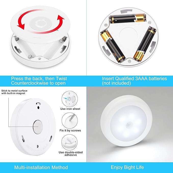 Mlambert 4 Pack Motion Sensor LED Night Light, Cordless Battery-Powered Stick-on Magnet Closet Lights, Safe Lights for Stairs, Cabinet, Cool White