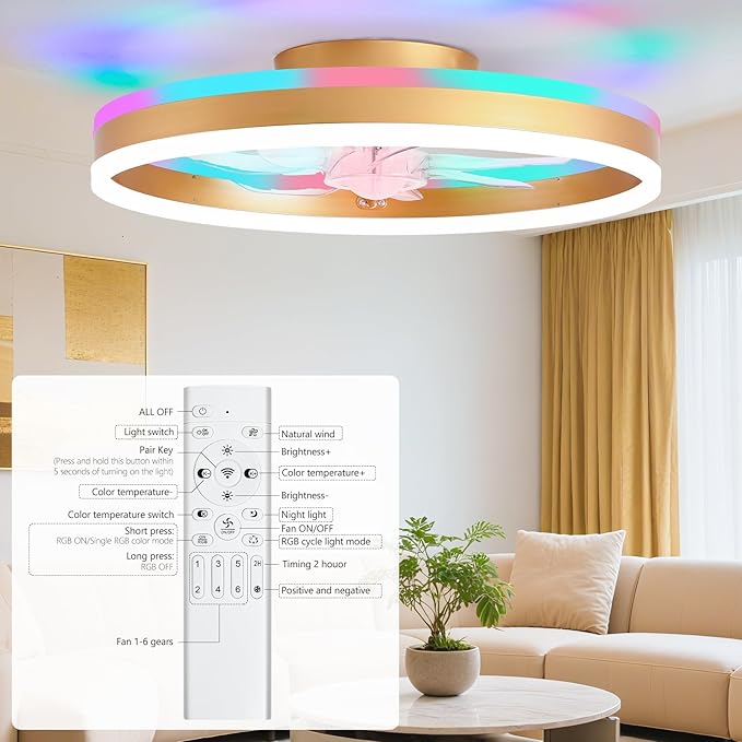 RGB Ceiling Fans with Lights, 20" Fandelier Low Profile Ceiling Fan with Light, Modern Flush Mount Ceiling Fan Light with Remote/APP Control, Bedroom Chandelier Fan Fixture for Indoor(Gold)