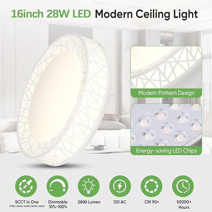 16 Inch Flush Mount Ceiling Light, Modern White LED Ceiling Light Fixture, 28W 2800LM 2700-6500K Adjustable, Dimmable Ceiling Lights for Bedroom, Kitchen, Hallway, Bathroom, ETL