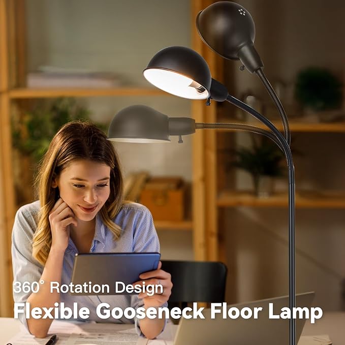 Dimmable Floor Lamp with Flexible Gooseneck and Rotatable Shade, Modern Style Standing Tall Lamp, E26 Socket, LED Reading Lamp (Black)