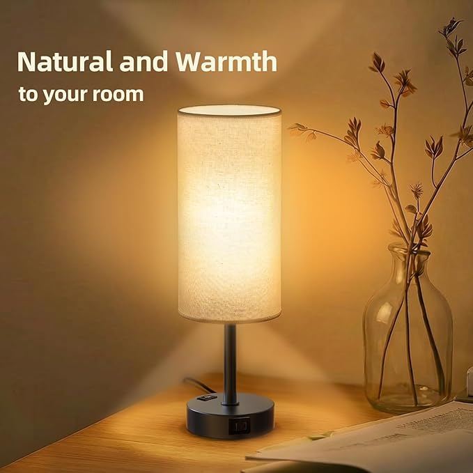 Table Lamp for Nightstand, High-Sensitivity Touch, 3-Level Dimmable Bedside Lamp with AC Outlet | USB | and USB-C, Ideal Night Stand Lamp for Bedroom, Reading, Living Room (Beige&Black)