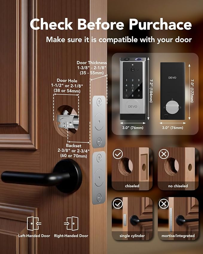 Devo G1 Video Smart Lock with Camera & Doorbell, 6-in-1 Fingerprint Keyless Entry Door Lock for Front Door, App Remote, Auto Locks, Wi-Fi Smart Deadbolt, Easy Install, Waterproof, Silver