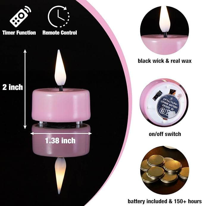 Eywamage Pink Flameless Wax Tealights with Remote Batteries, Flickering LED Tea Votive Candles Spring Easter Home Decor Set of 10
