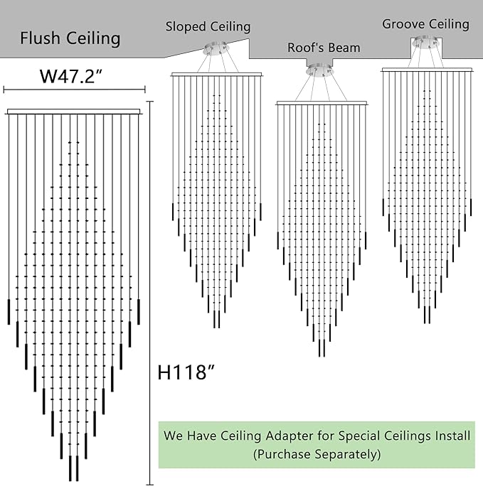 W47 x H120 Luxury Crystal Chandelier with LED Bulbs Glam Raindrop High Ceiling Square Light Chandeliers for Entrance Large Villa Foyer Living Room Lighting Fixtures Silver