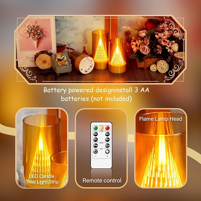Eebus LED Flameless Candles with Remote - Battery Operated,Fake Candles for Home Décor Tapered Glowing Pillar Candle Lights Add a Warm and Romantic Atmosphere Set of 3 (D 3"×H 4" 5" 6") (Gold)