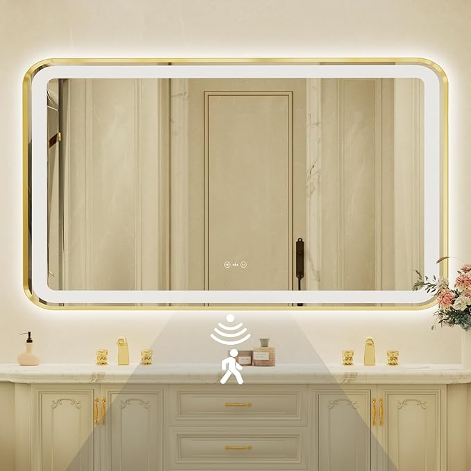 32x55 Inch Gold Framed LED Bathroom Mirror with Lights,Smart Bathroom Mirror,Motion Sensor,Tempered Glass,Anti-Fog,Stepless Dimmable & 3 Colors,Memory,Vanity Mirror for Wall
