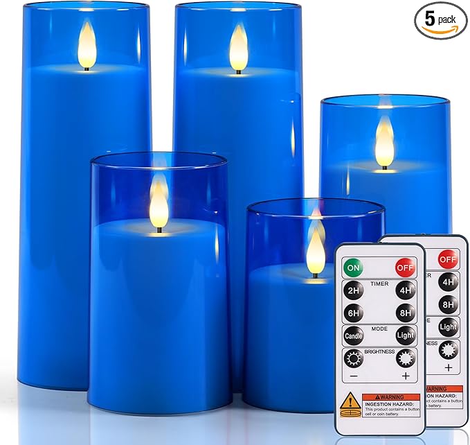 Raycare Flameless Candles Battery Operated with Remote Timer, Acrylic Flickering LED Pillar Candle for Christmas Decoration, Home Decor, Gift for Family and Friend, Blue, Set of 5