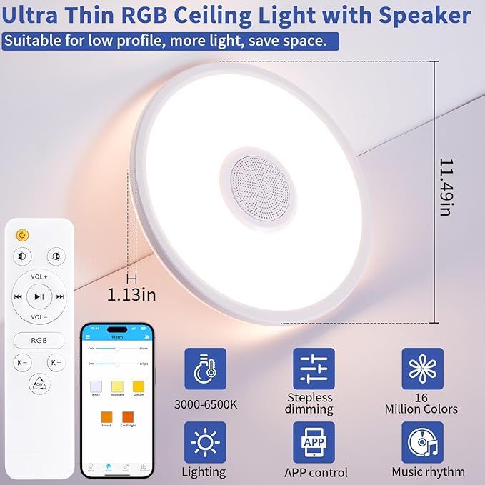 RGB LED Ceiling Light, with Bluetooth Speaker, 24W 11Inch Smart Music Ceiling Lamp with App and Remote Control, 3000K-6500K Color Changing Lights Fixture for Child Bedroom Bathroom, White