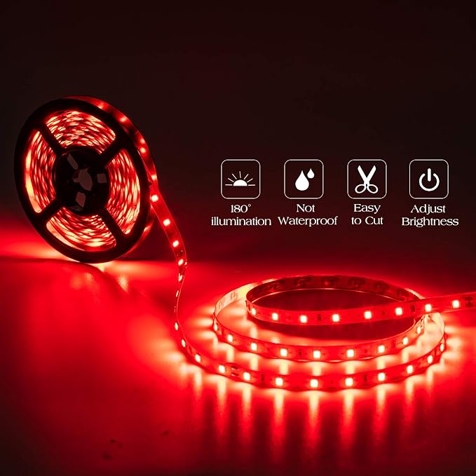 20ft 12V 360 LED Red Strip Light, Flexible Cuttable Non-Waterproof for Indoor Party Decoration, with Power Supply & Dimmer.